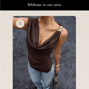 Sleeveless Cowl Neck Top with Accent Shoulder - Brown